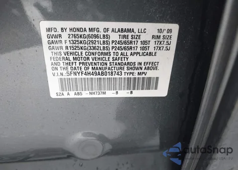 2010 Honda Pilot Ex из США, поврежденный, VIN 5FNYF4H49AB018743